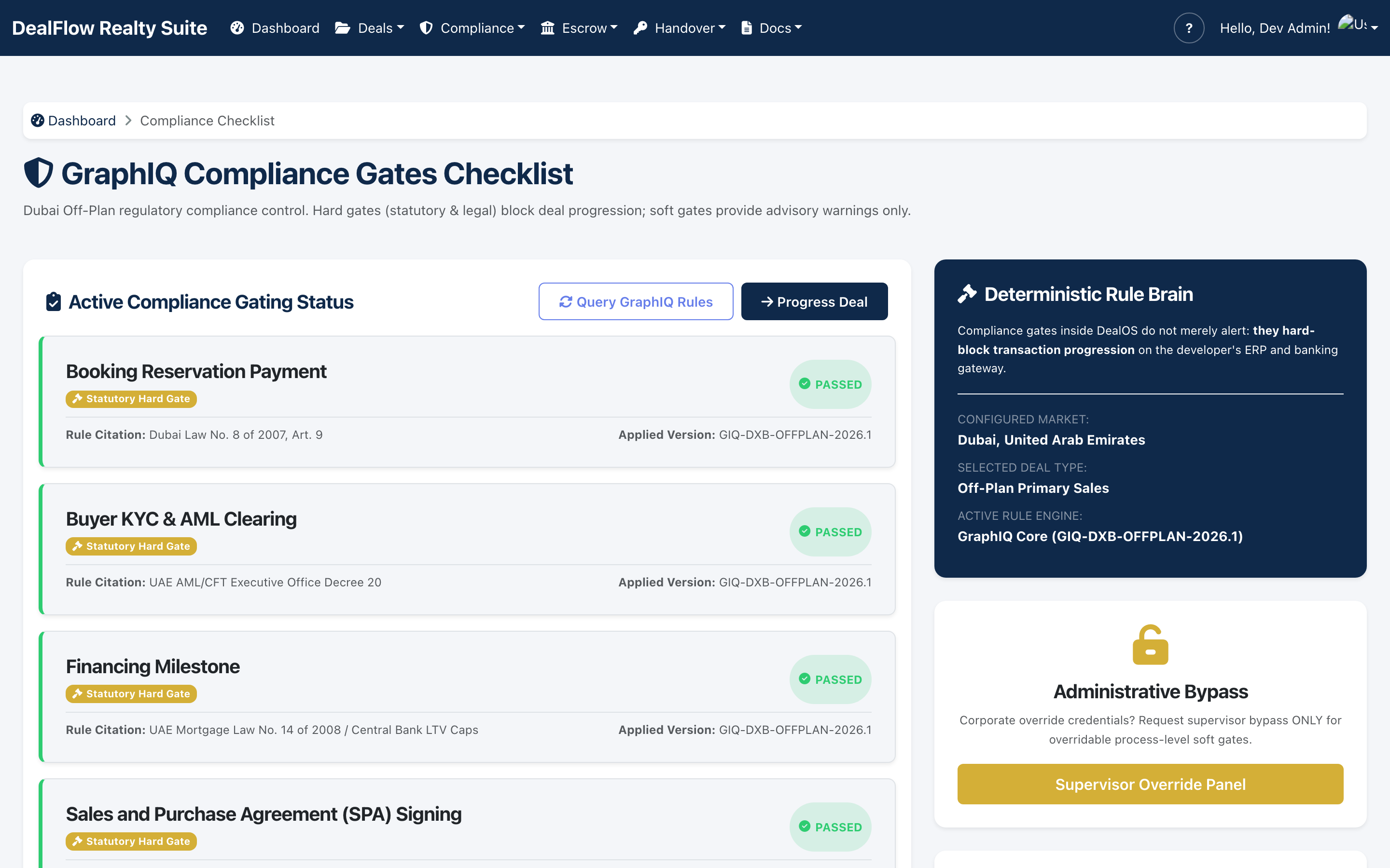 DealOS compliance gates checklist resolved by the GraphIQ engine