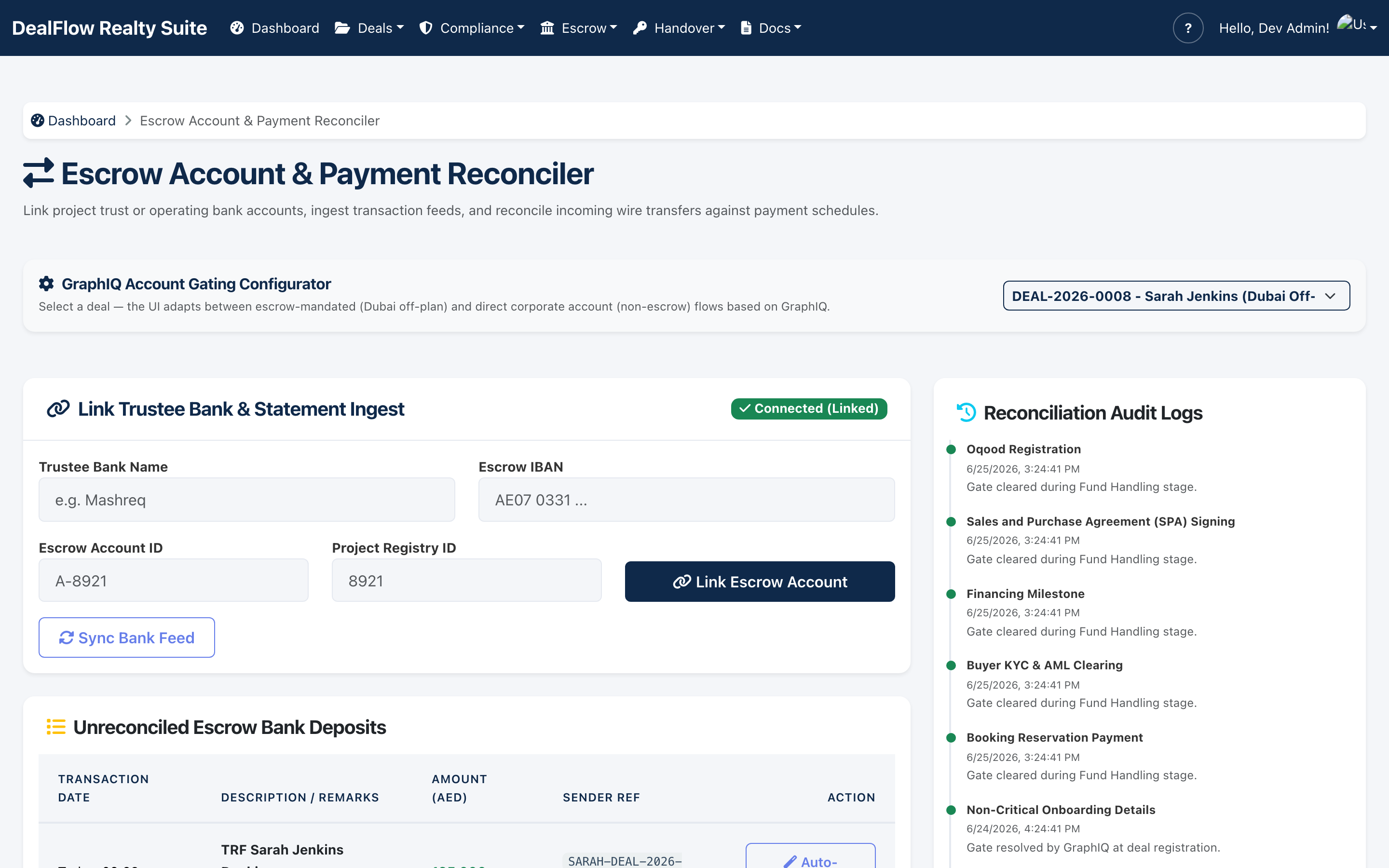 DealOS escrow account and payment reconciler powered by EscrowOS