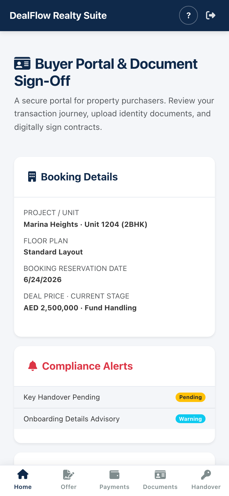 DealOS buyer portal on mobile showing booking, compliance and payments